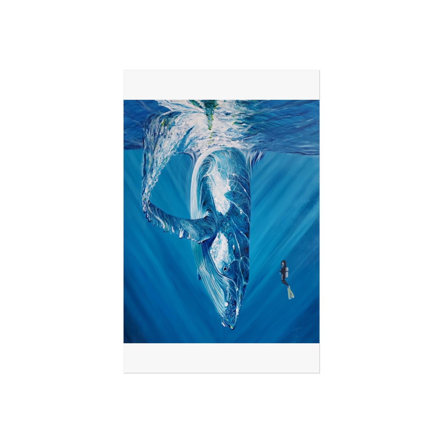 Serene Oceanic Whale Art Print, Nautical Home Decor, Marine Life Wall Art, Perfect for Seaside Aesthetics, Gift for Ocean Lovers, Painting Title: Diving Deep