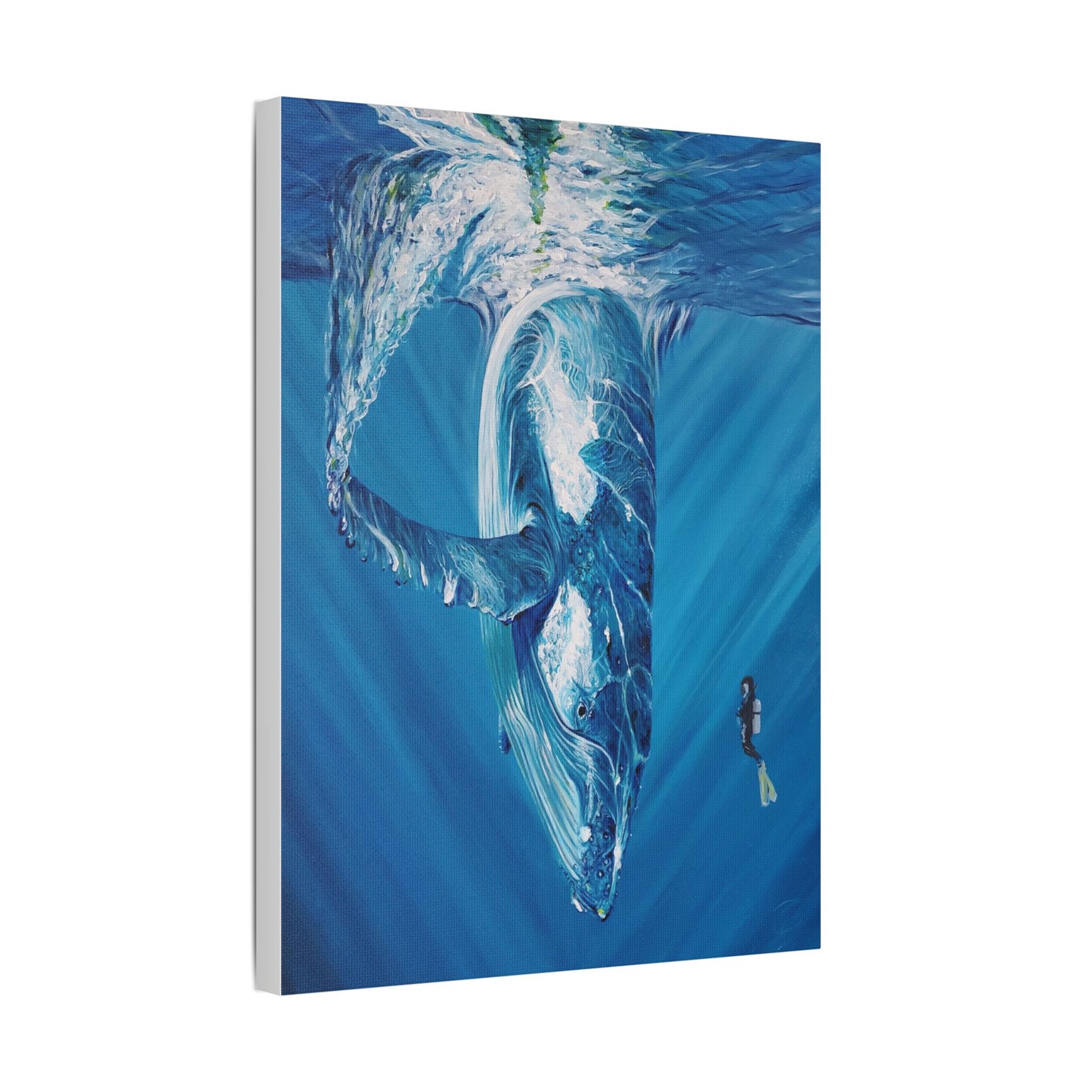 Whale Satin Canvas Art Print, Ocean Decor, Nautical Wall Art, Marine Life Gift, Underwater Artwork, Blue Decor, Sea Lover Gift, Painting Title: Diving Deep