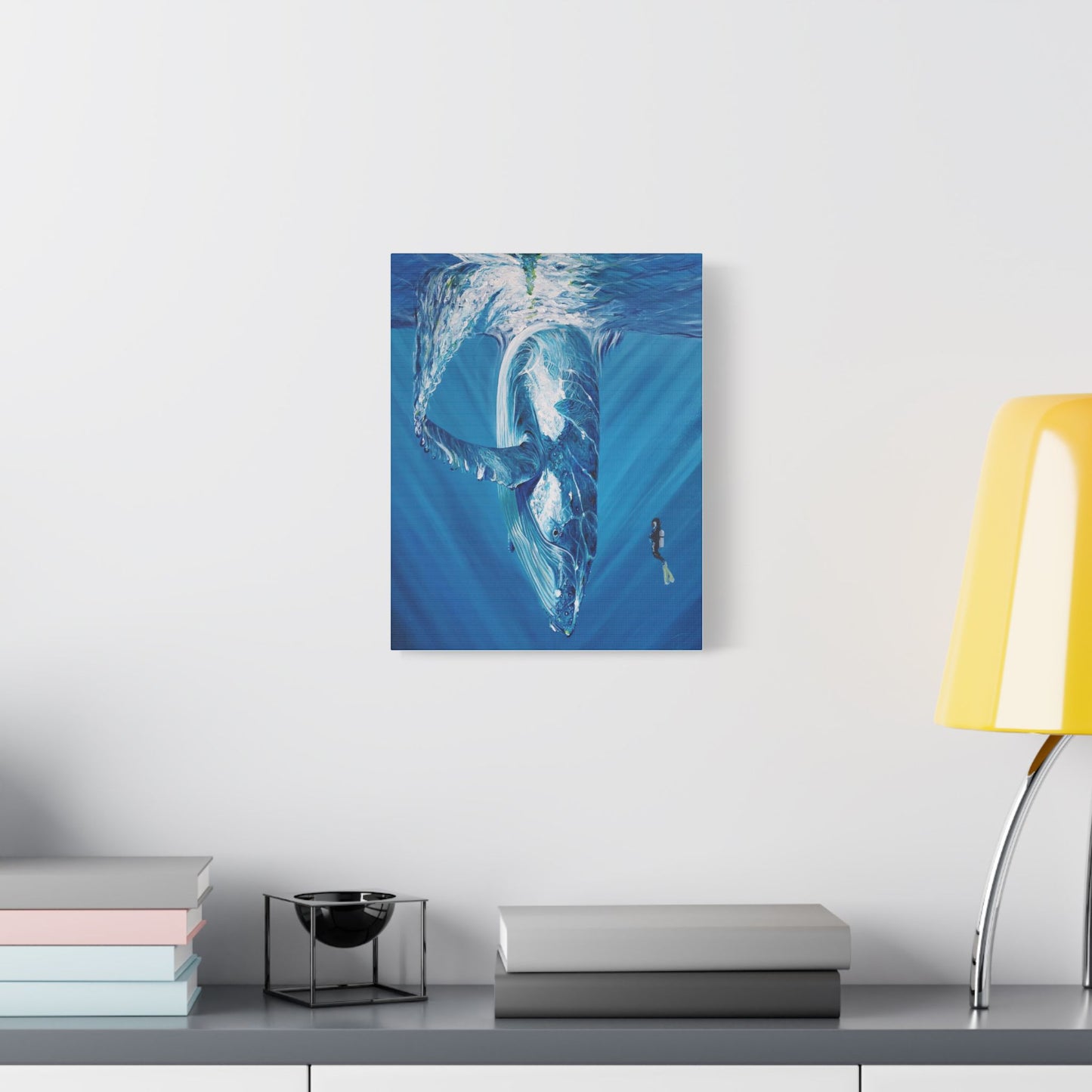 Whale Satin Canvas Art Print, Ocean Decor, Nautical Wall Art, Marine Life Gift, Underwater Artwork, Blue Decor, Sea Lover Gift, Painting Title: Diving Deep