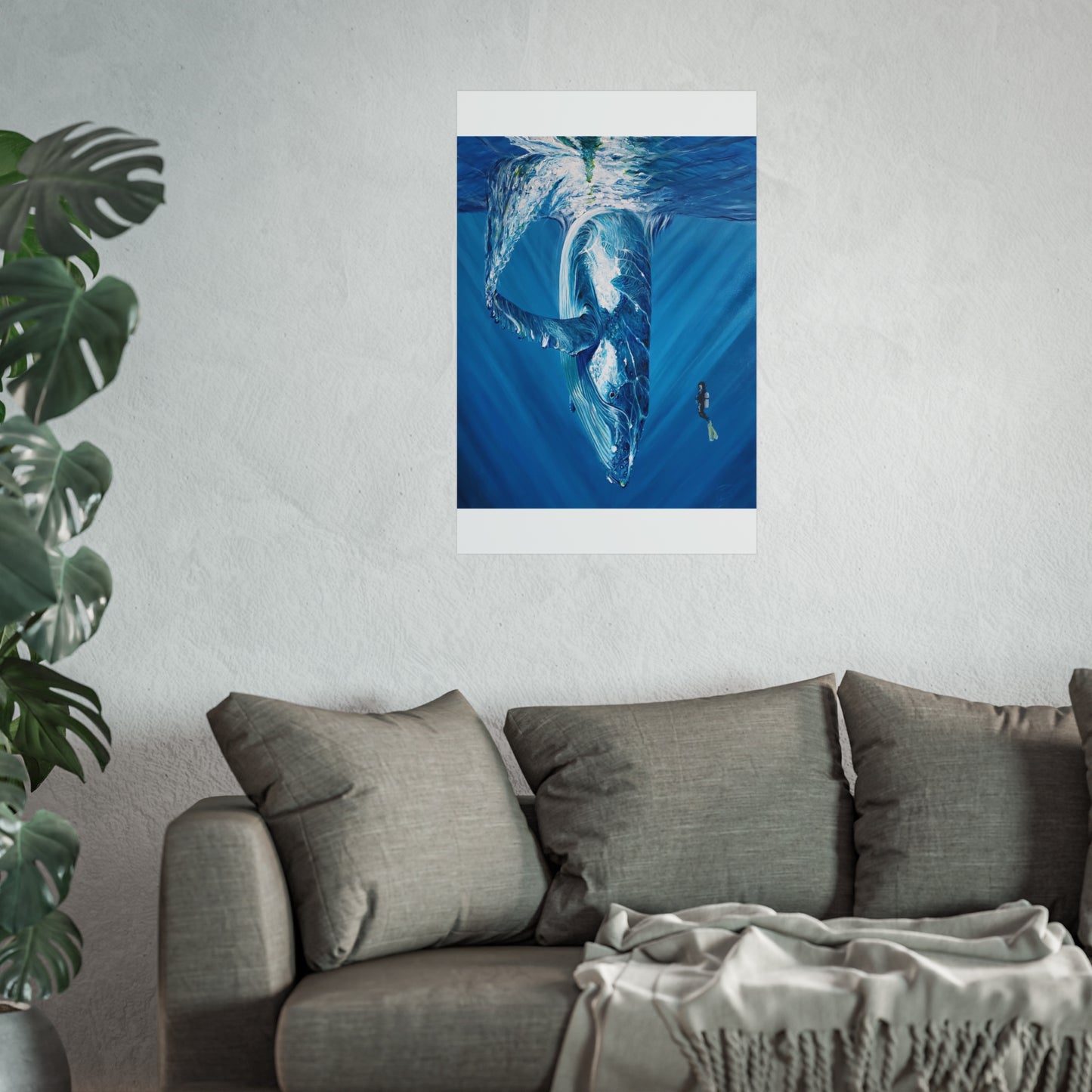Serene Oceanic Whale Art Print, Nautical Home Decor, Marine Life Wall Art, Perfect for Seaside Aesthetics, Gift for Ocean Lovers, Painting Title: Diving Deep