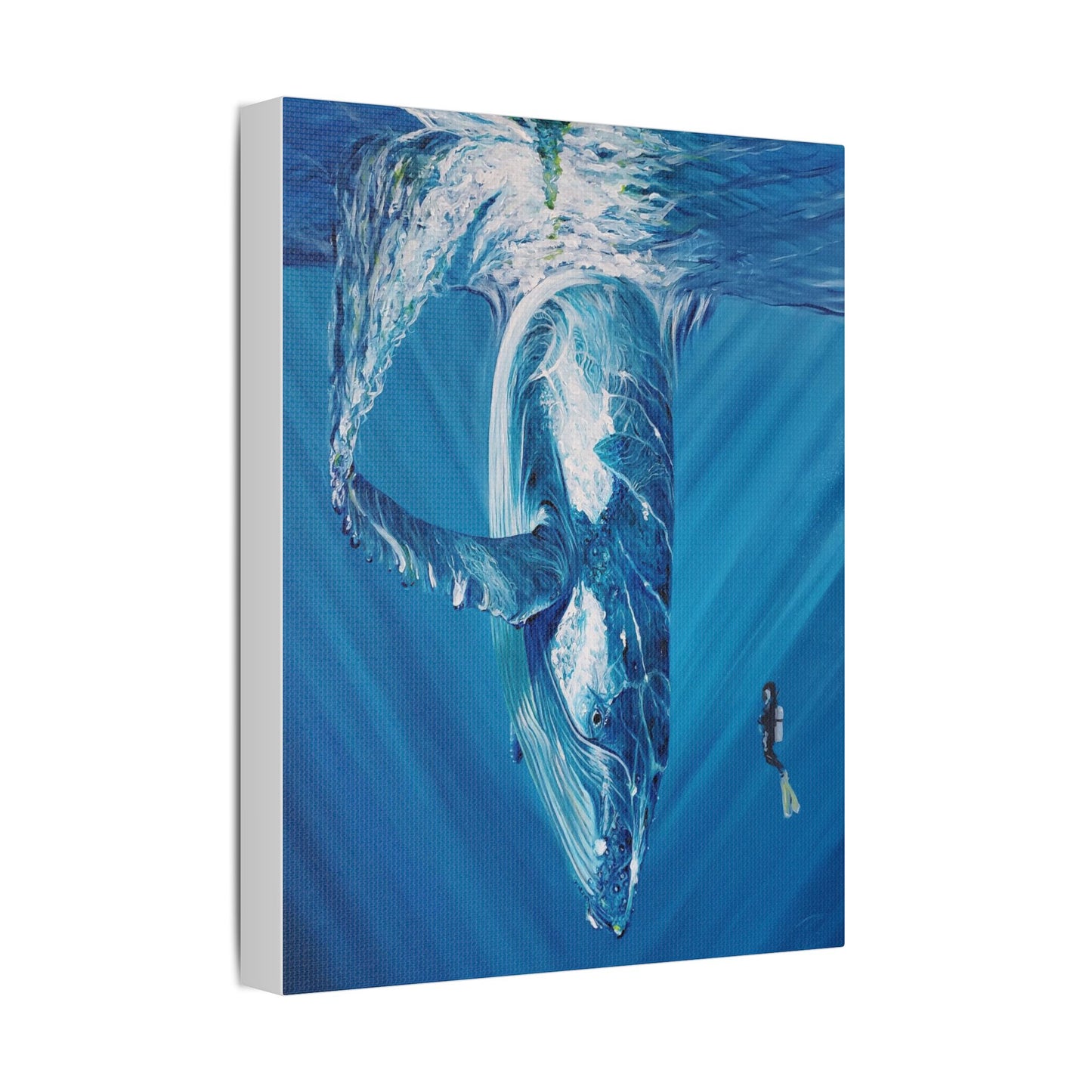 Whale Satin Canvas Art Print, Ocean Decor, Nautical Wall Art, Marine Life Gift, Underwater Artwork, Blue Decor, Sea Lover Gift, Painting Title: Diving Deep