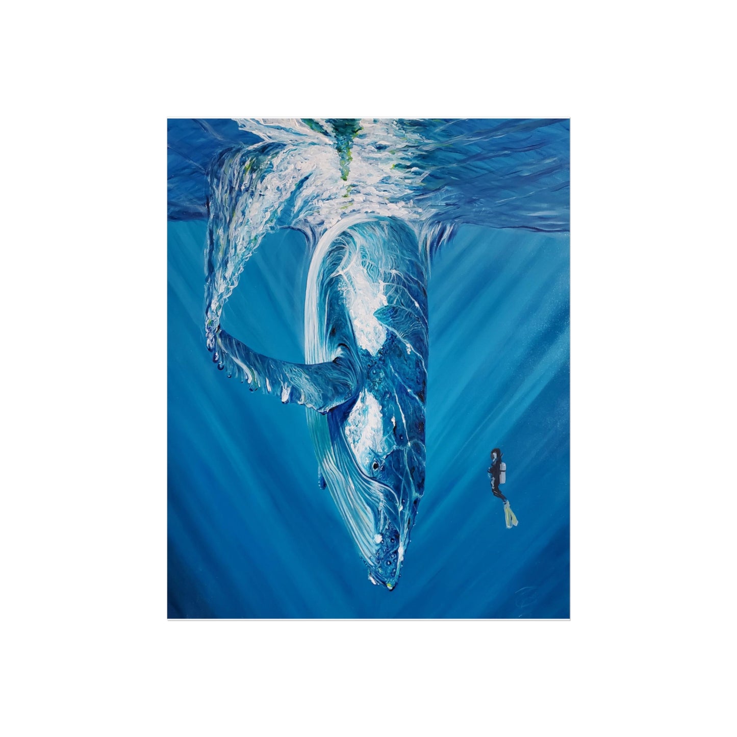Serene Oceanic Whale Art Print, Nautical Home Decor, Marine Life Wall Art, Perfect for Seaside Aesthetics, Gift for Ocean Lovers, Painting Title: Diving Deep