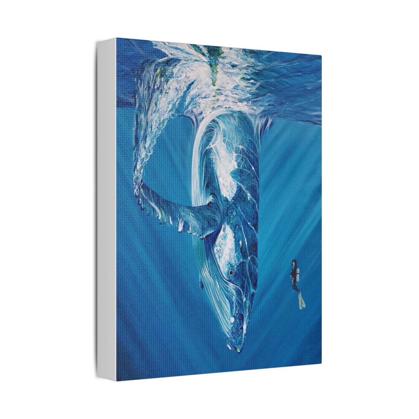 Whale Satin Canvas Art Print, Ocean Decor, Nautical Wall Art, Marine Life Gift, Underwater Artwork, Blue Decor, Sea Lover Gift, Painting Title: Diving Deep