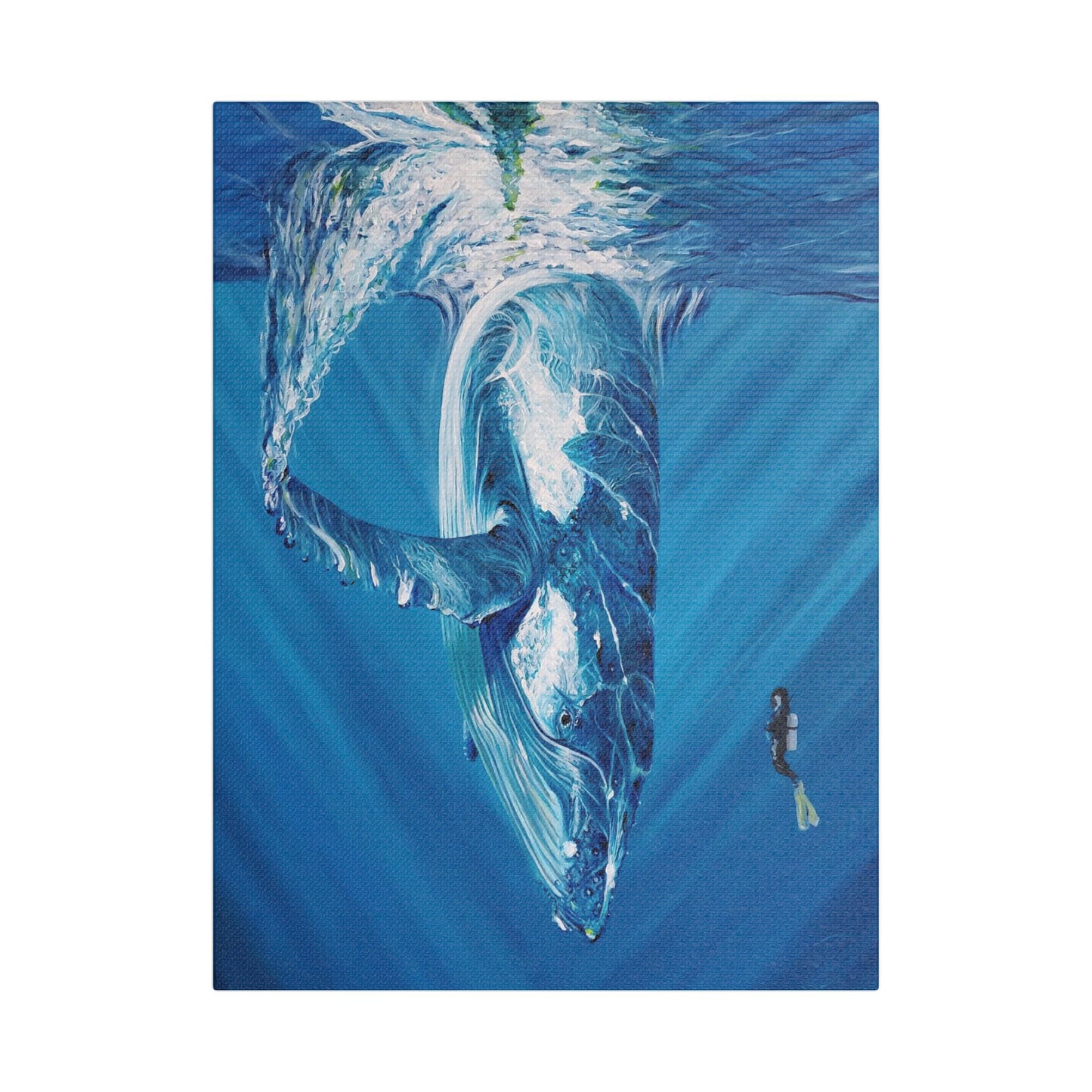 Whale Satin Canvas Art Print, Ocean Decor, Nautical Wall Art, Marine Life Gift, Underwater Artwork, Blue Decor, Sea Lover Gift, Painting Title: Diving Deep