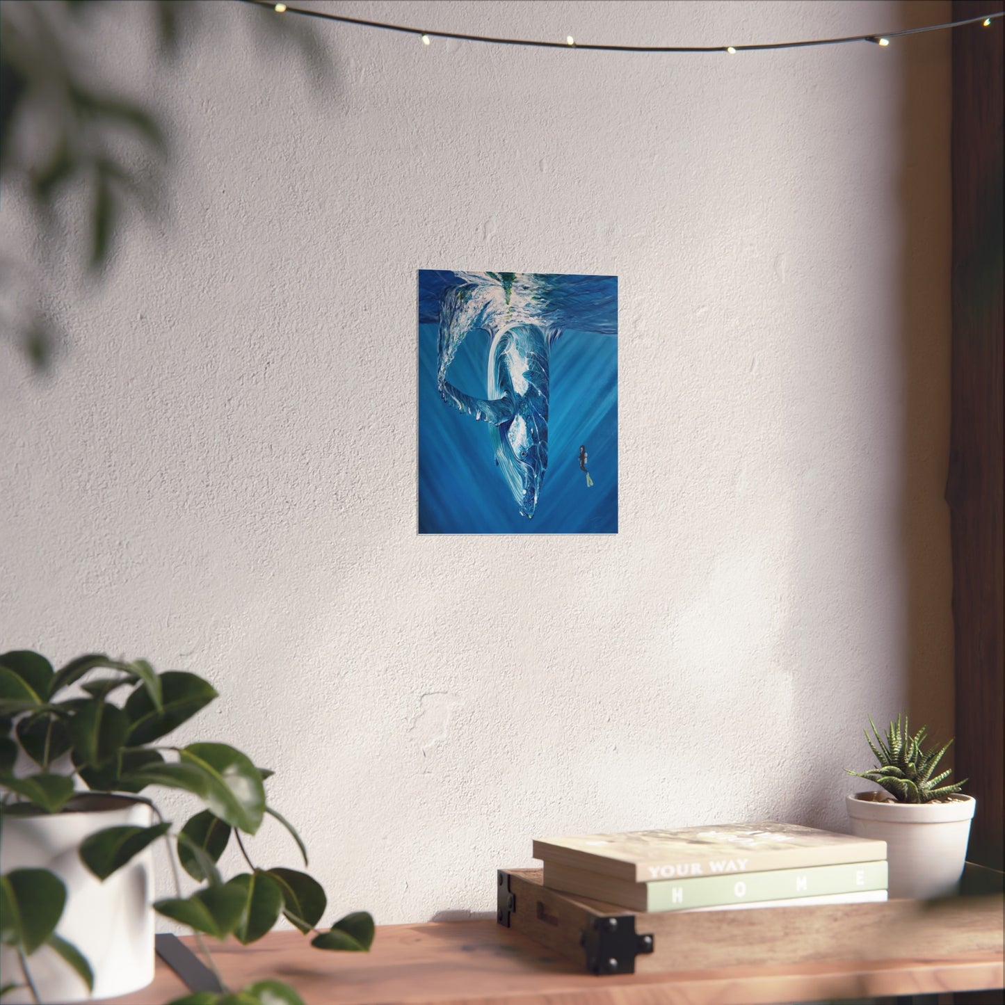 Serene Oceanic Whale Art Print, Nautical Home Decor, Marine Life Wall Art, Perfect for Seaside Aesthetics, Gift for Ocean Lovers, Painting Title: Diving Deep