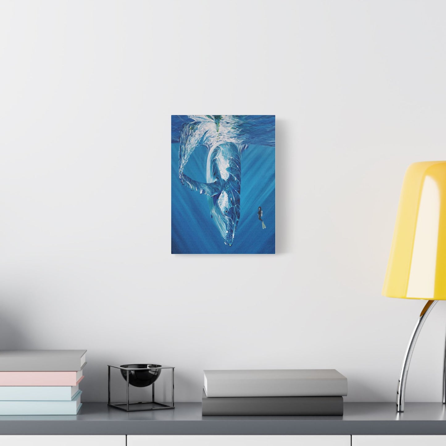 Whale Satin Canvas Art Print, Ocean Decor, Nautical Wall Art, Marine Life Gift, Underwater Artwork, Blue Decor, Sea Lover Gift, Painting Title: Diving Deep