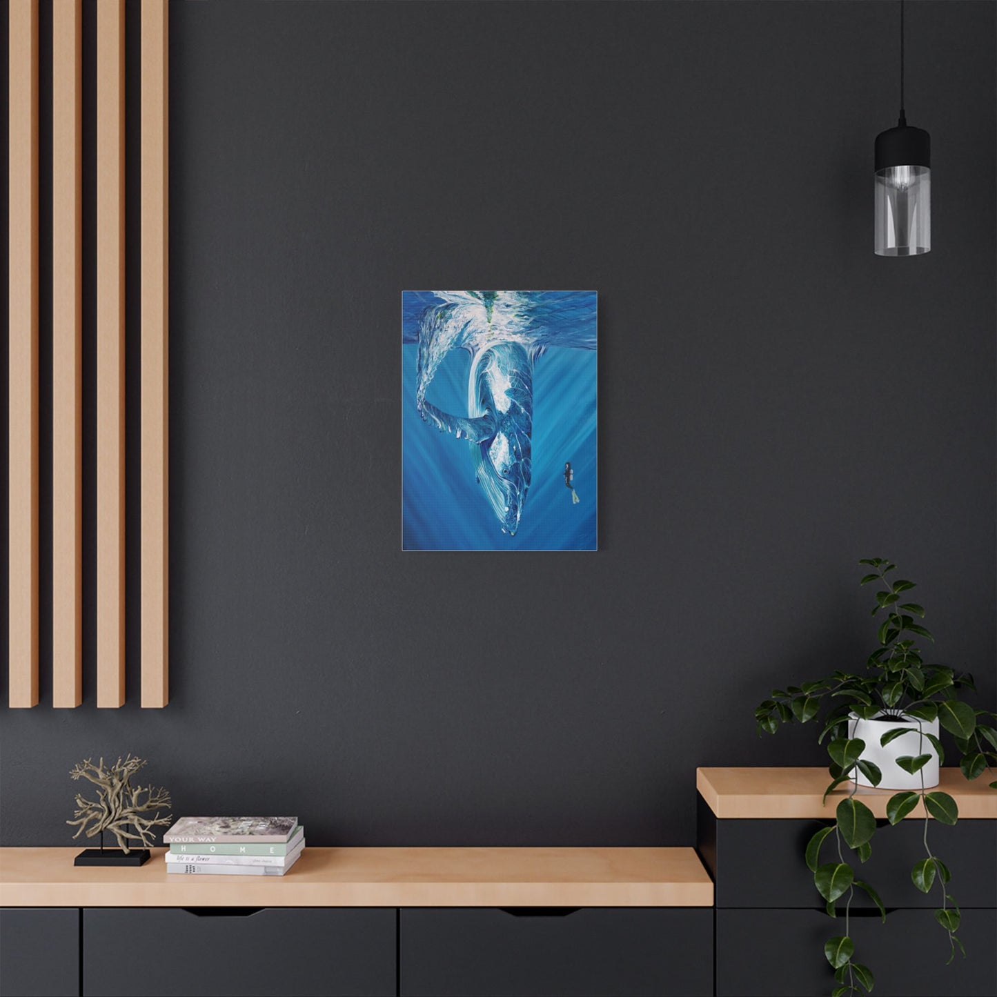 Whale Satin Canvas Art Print, Ocean Decor, Nautical Wall Art, Marine Life Gift, Underwater Artwork, Blue Decor, Sea Lover Gift, Painting Title: Diving Deep