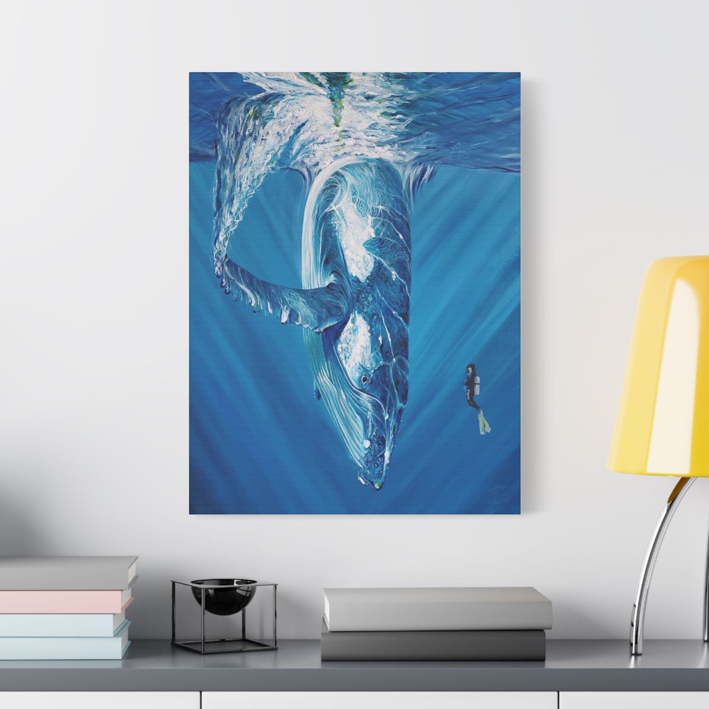 Whale Satin Canvas Art Print, Ocean Decor, Nautical Wall Art, Marine Life Gift, Underwater Artwork, Blue Decor, Sea Lover Gift, Painting Title: Diving Deep
