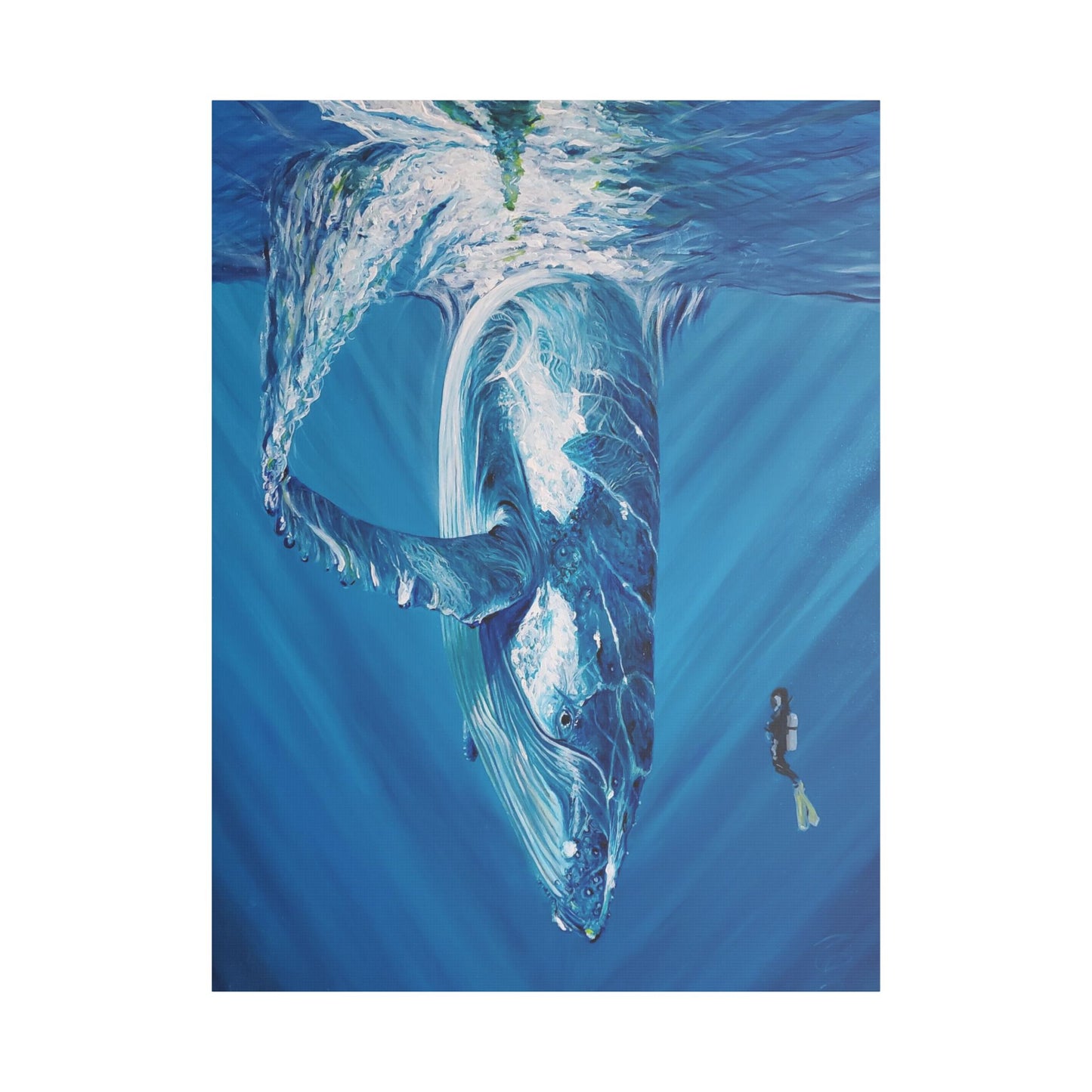 Whale Satin Canvas Art Print, Ocean Decor, Nautical Wall Art, Marine Life Gift, Underwater Artwork, Blue Decor, Sea Lover Gift, Painting Title: Diving Deep