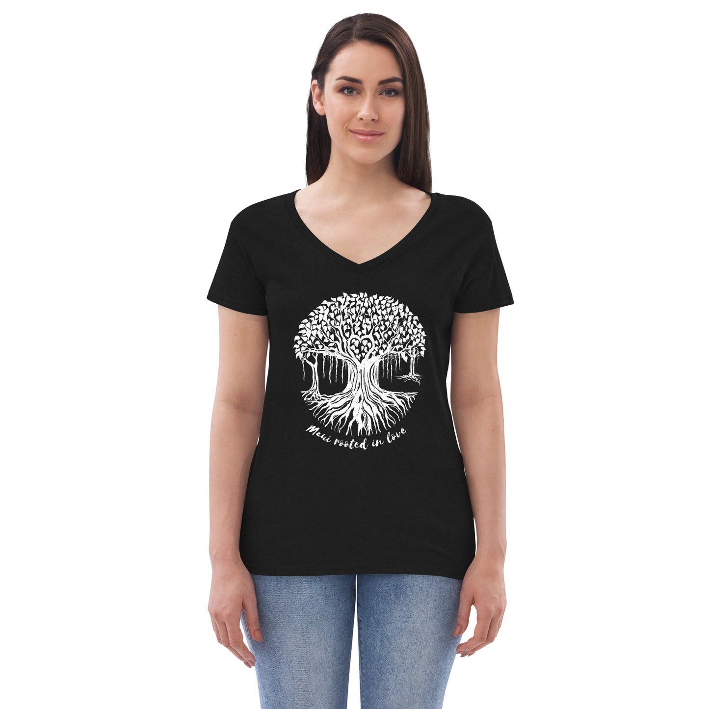 Women’s recycled v-neck t-shirt with Maui Banyan Tree