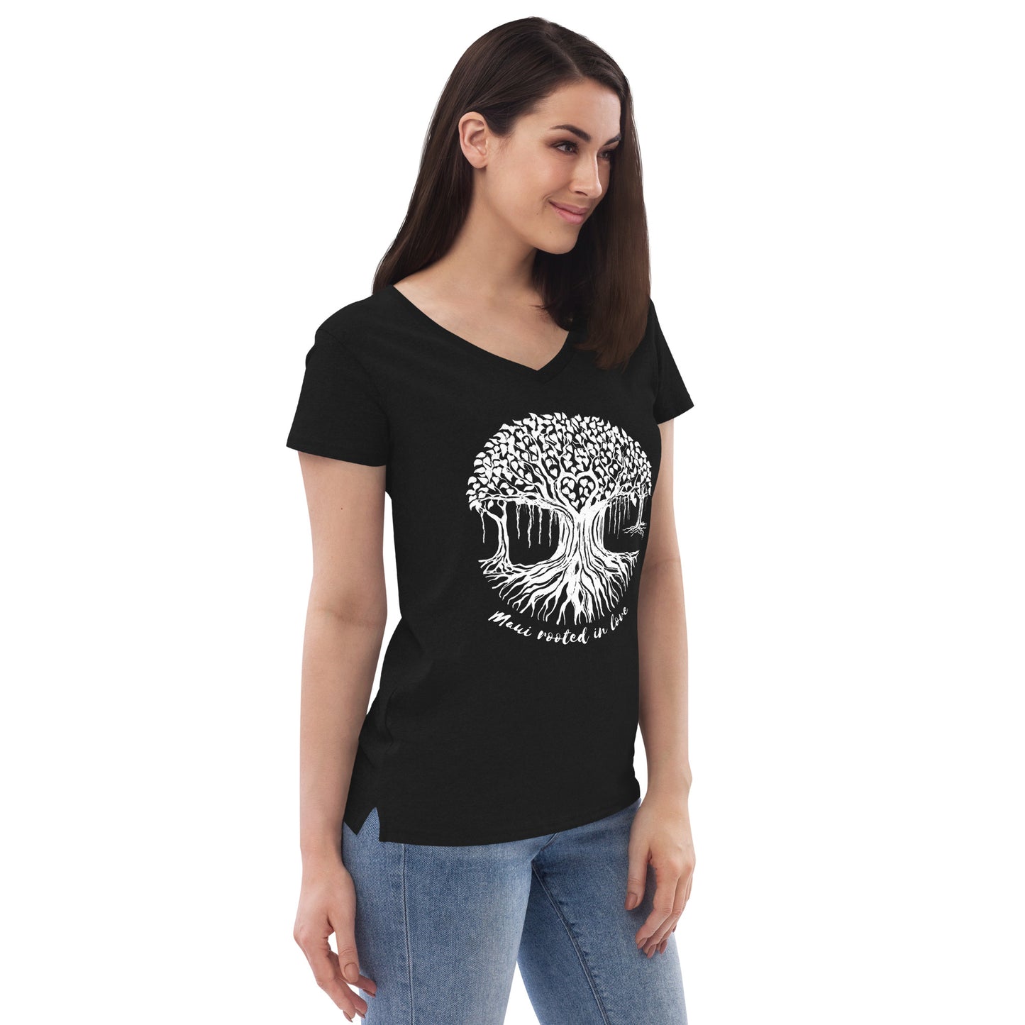 Women’s recycled v-neck t-shirt with Maui Banyan Tree