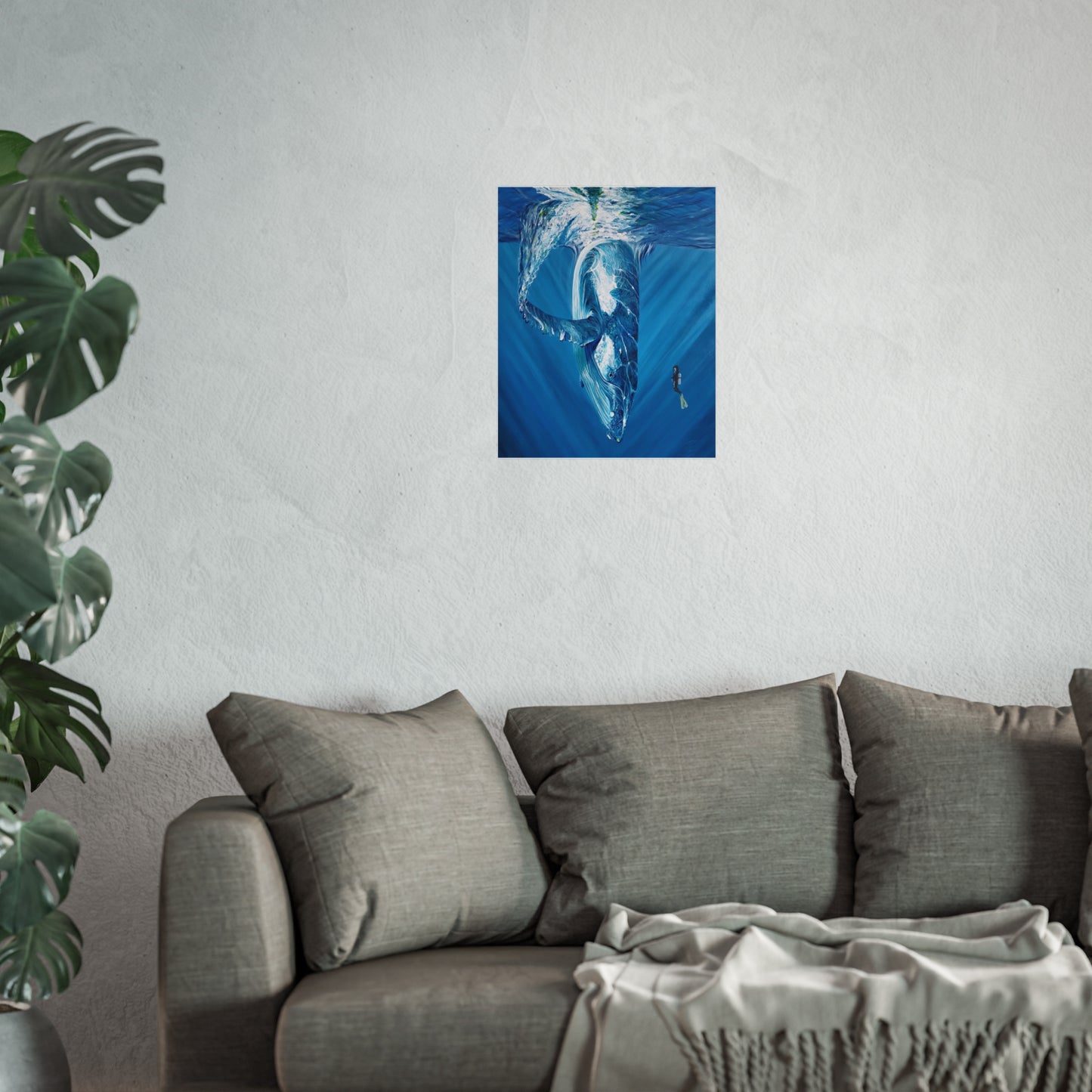 Serene Oceanic Whale Art Print, Nautical Home Decor, Marine Life Wall Art, Perfect for Seaside Aesthetics, Gift for Ocean Lovers, Painting Title: Diving Deep