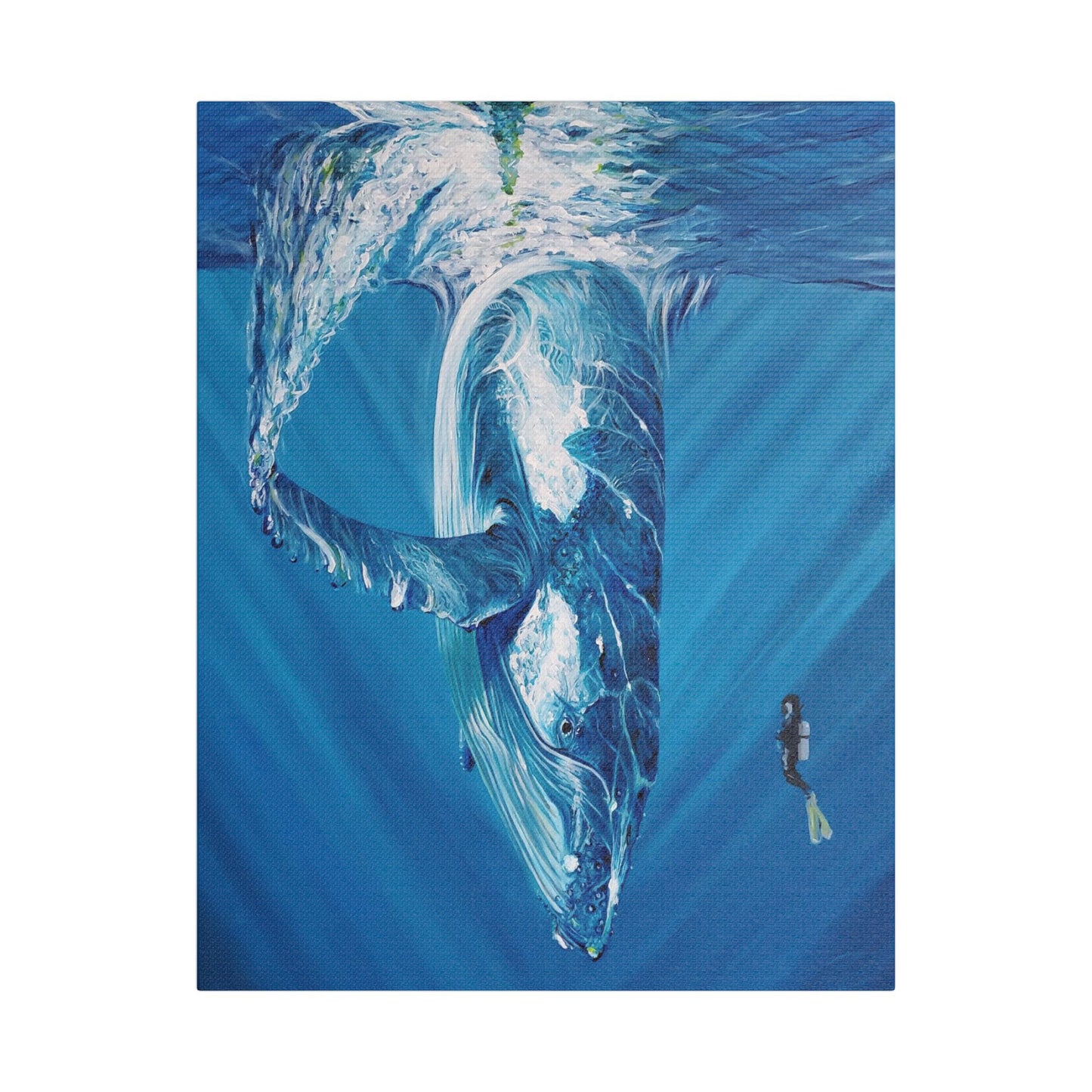 Whale Satin Canvas Art Print, Ocean Decor, Nautical Wall Art, Marine Life Gift, Underwater Artwork, Blue Decor, Sea Lover Gift, Painting Title: Diving Deep