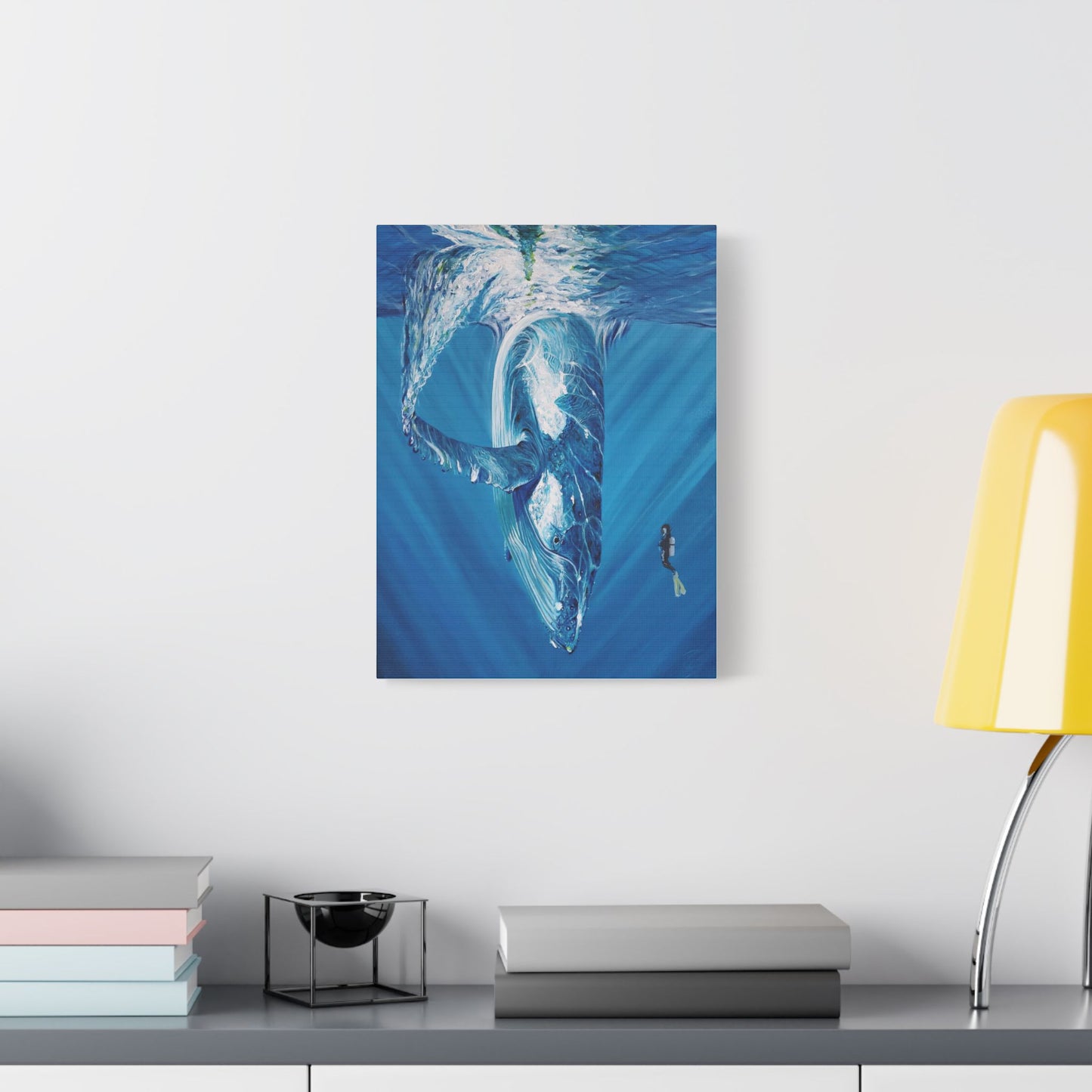 Whale Satin Canvas Art Print, Ocean Decor, Nautical Wall Art, Marine Life Gift, Underwater Artwork, Blue Decor, Sea Lover Gift, Painting Title: Diving Deep
