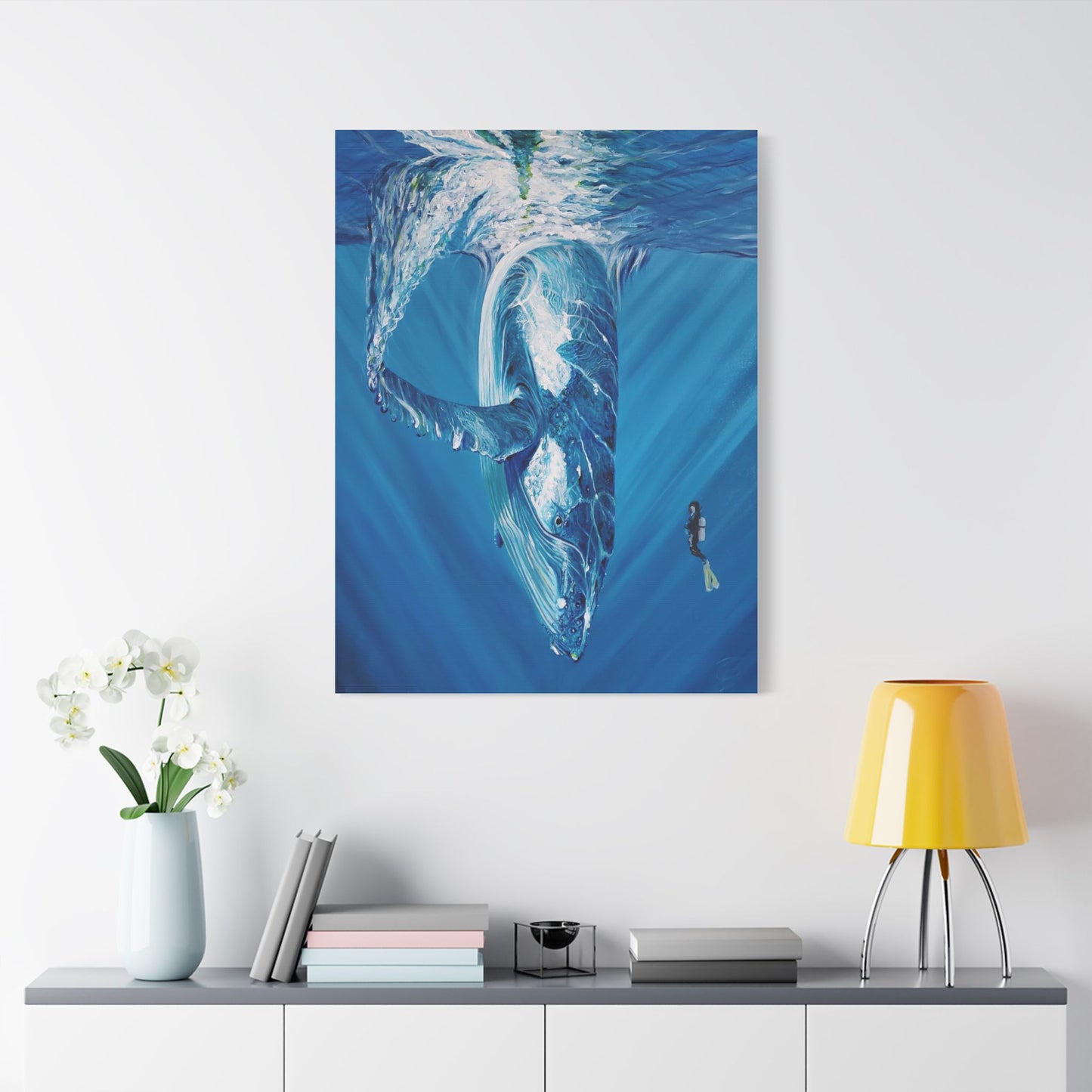 Whale Satin Canvas Art Print, Ocean Decor, Nautical Wall Art, Marine Life Gift, Underwater Artwork, Blue Decor, Sea Lover Gift, Painting Title: Diving Deep