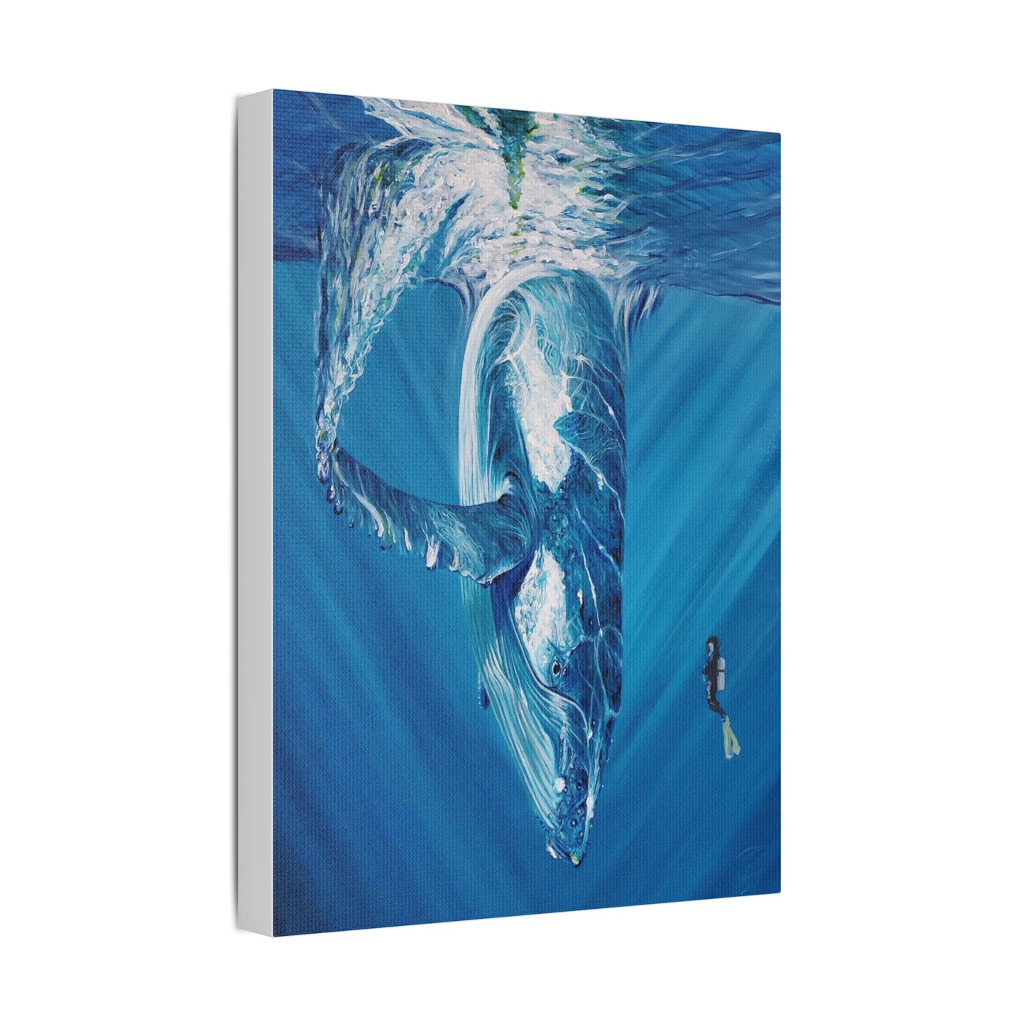 Whale Satin Canvas Art Print, Ocean Decor, Nautical Wall Art, Marine Life Gift, Underwater Artwork, Blue Decor, Sea Lover Gift, Painting Title: Diving Deep