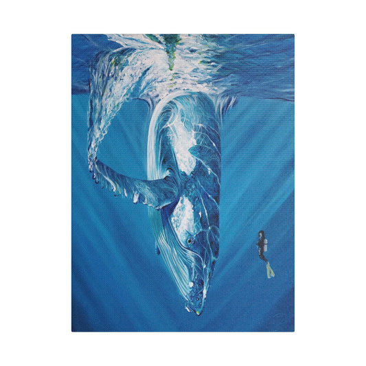 Whale Satin Canvas Art Print, Ocean Decor, Nautical Wall Art, Marine Life Gift, Underwater Artwork, Blue Decor, Sea Lover Gift, Painting Title: Diving Deep