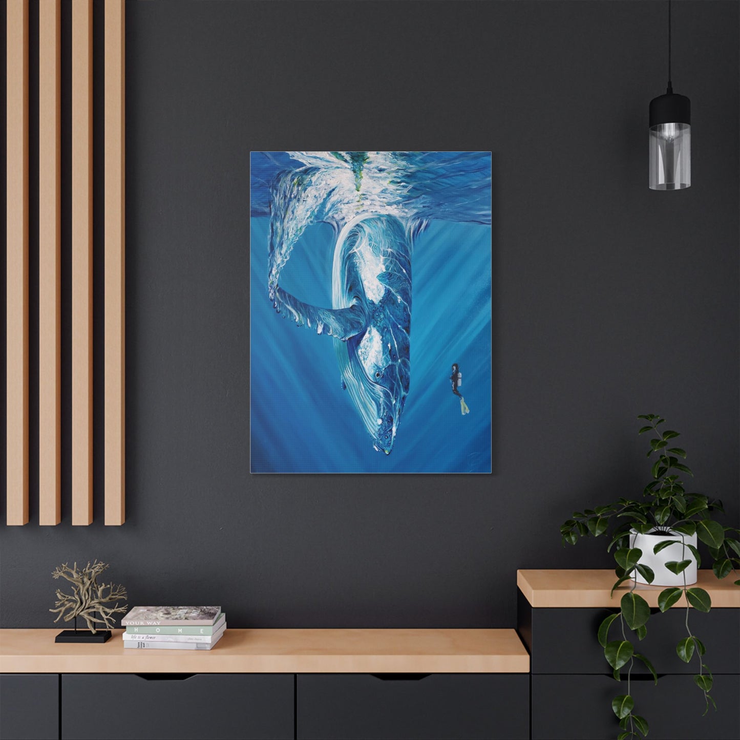 Whale Satin Canvas Art Print, Ocean Decor, Nautical Wall Art, Marine Life Gift, Underwater Artwork, Blue Decor, Sea Lover Gift, Painting Title: Diving Deep